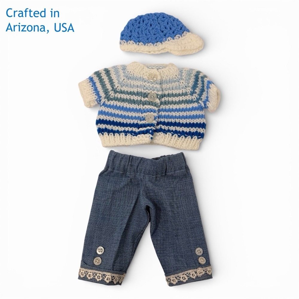 Hand-Knitted 3-Piece Blue & White Nautical Outfit 18" Like American Dolls